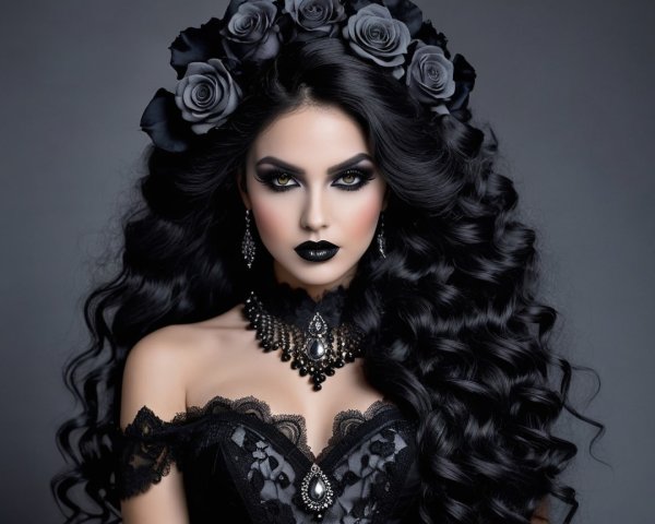 Portrait of a Woman with Black Hair and Gothic Elegance