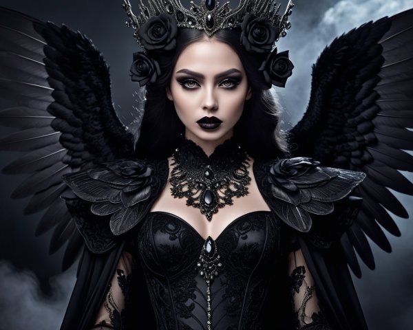 Dark Fantasy Figure with Roses and Feathered Wings