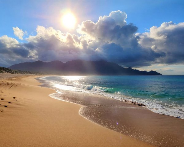 Serene Beach Paradise with Rolling Hills and Mountains