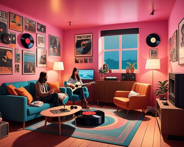 Cozy Retro-Themed Living Room with Music Setup