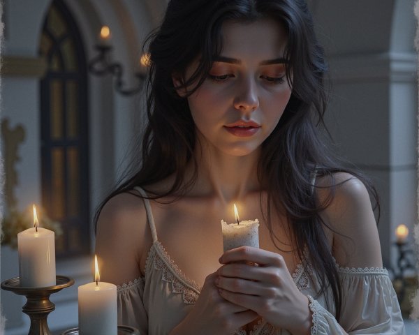 Young Woman with Candle in Elegant Indoor Setting