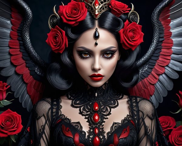 Gothic Figure with Roses, Crown, and Elegant Wings