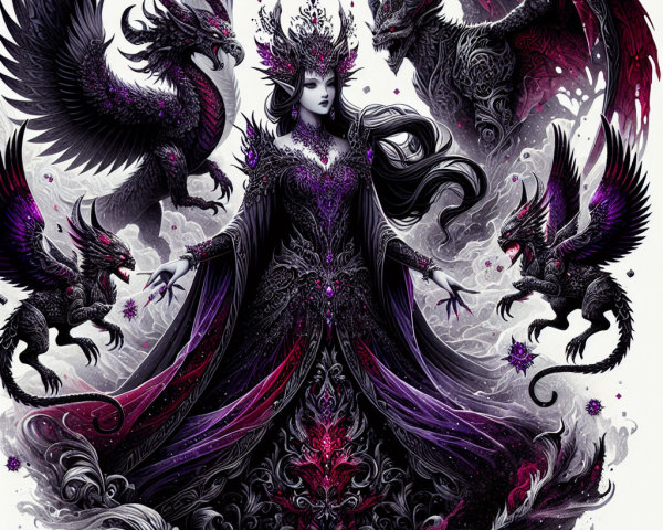 Dark Gown with Dragons and Griffins in Mystical Scene