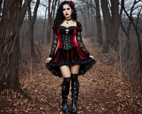 Woman in Velvet Dress Surrounded by Fallen Leaves