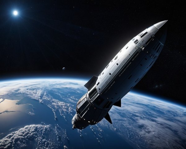 Futuristic spaceship orbiting Earth with vibrant oceans