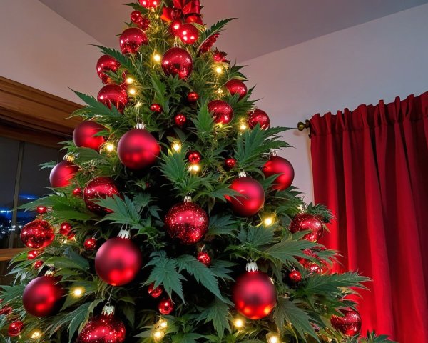 Holiday Marijuana Plant with Ornaments and City View