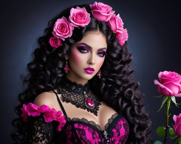 Woman with Curly Hair and Pink Roses in Dark Setting