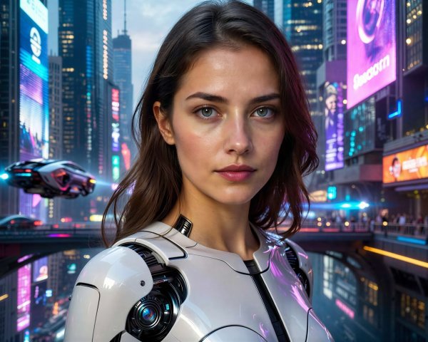 Futuristic woman in robotic attire against a neon cityscape