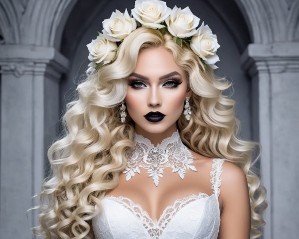 Woman in Lace Wedding Dress with Floral Crown