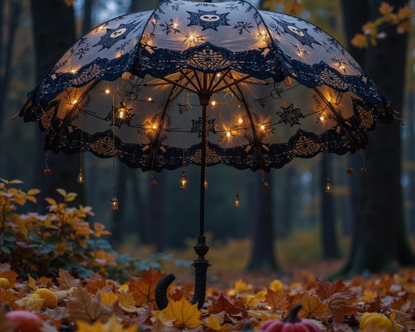 Ornate Black Lace Umbrella in Autumn Forest Setting