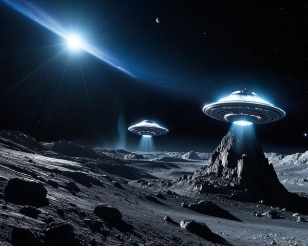 Futuristic Moon Landscape with UFOs and Starry Sky