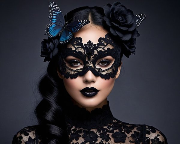 Mysterious Figure with Black Lace Mask and Butterfly