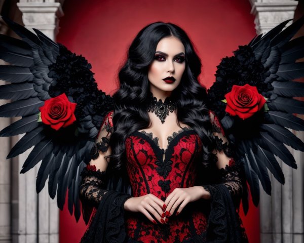 Confident Woman in Black Gown with Feathered Wings