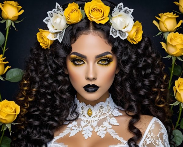 Portrait of a Woman with Yellow Roses and Lace Outfit