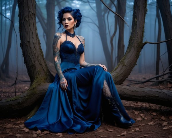 Woman in Blue Gown Amidst Mystical Forest Scene