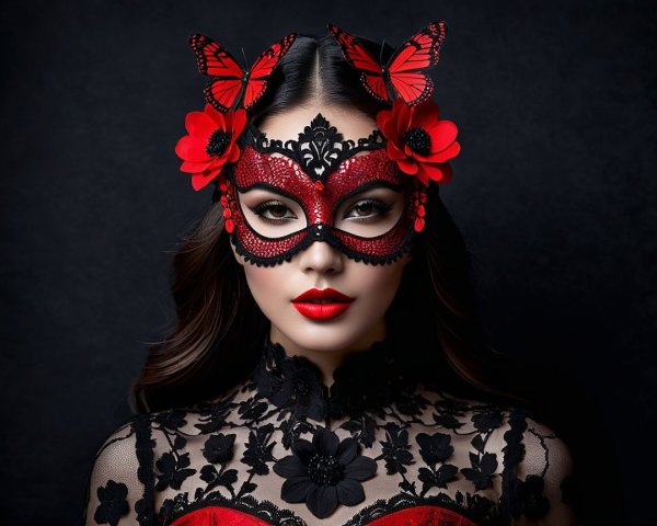 Woman in Black Mask and Red Dress with Floral Accents