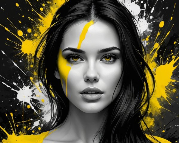 Black-and-White Portrait with Yellow Paint Accents