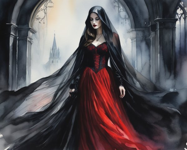 Watercolor of Woman in Gothic Setting with Castle Tower