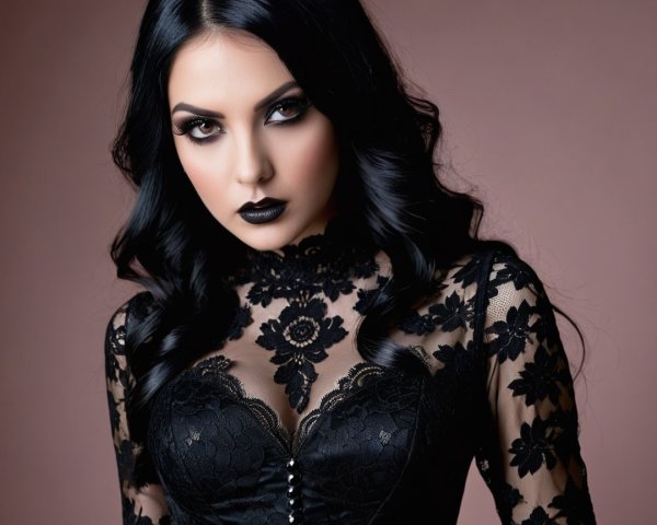 Young woman with pale skin and dark hair in lace top