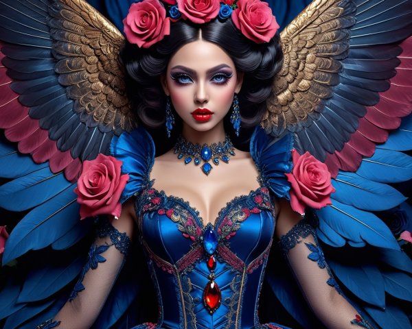 Vibrant Blue and Gold Gown with Elaborate Wings