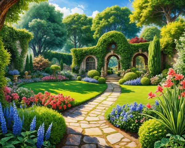 Picturesque Garden with Lush Greenery and Flower Beds