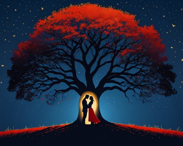 Romantic Silhouette of Couple Under Vibrant Tree