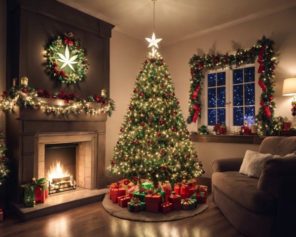 Cozy Christmas Living Room with Decorated Tree and Gifts