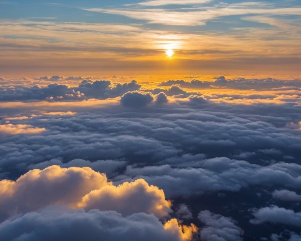Aerial View of Sunset Above Fluffy White Clouds