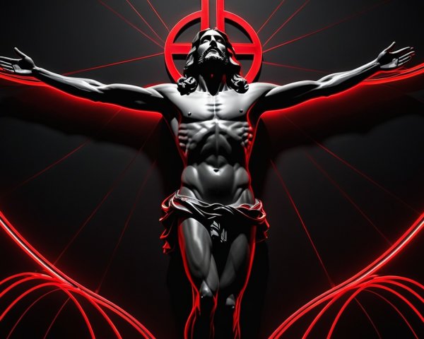 3D Monochrome Rendering of Jesus with Red Cross Background