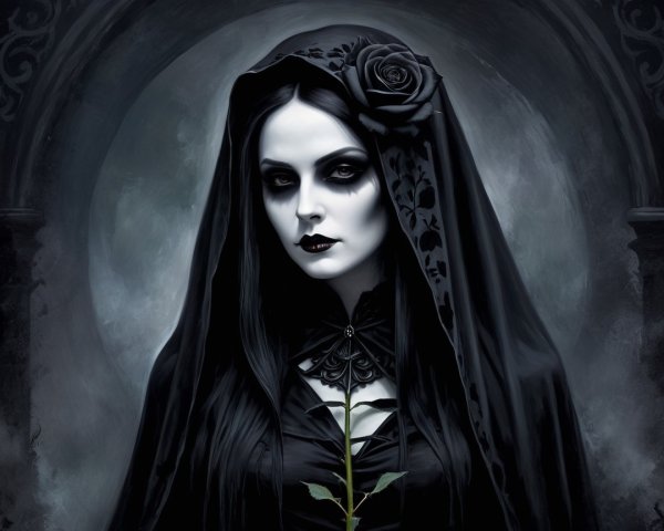 Gothic Woman in Black Veil with Rose in Darkness