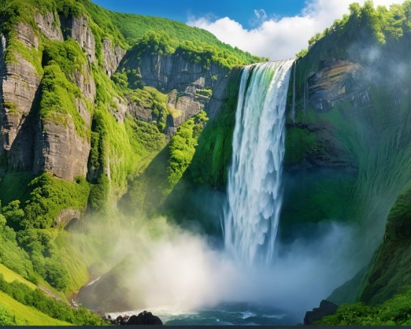 Majestic Waterfall Surrounded by Lush Greenery