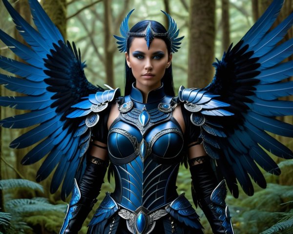Powerful figure in blue armor with bird-like features