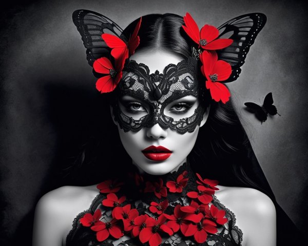 Portrait of a woman with lace mask and floral accents