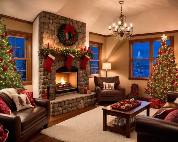 Cozy Christmas Living Room with Decorated Trees and Fireplace