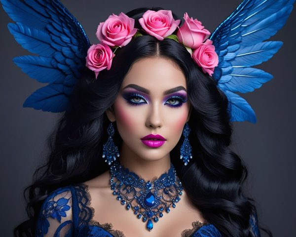 Portrait of a woman with blue wings and floral crown