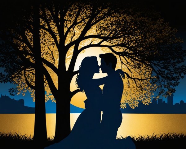 Silhouette of a couple under a tree at sunset