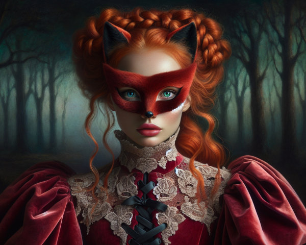 Mystical Forest Scene with Woman in Crimson Gown