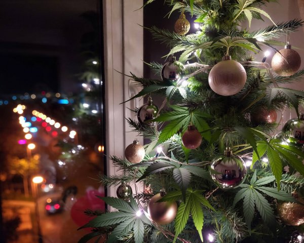 Ornate Christmas Tree with Cityscape Background
