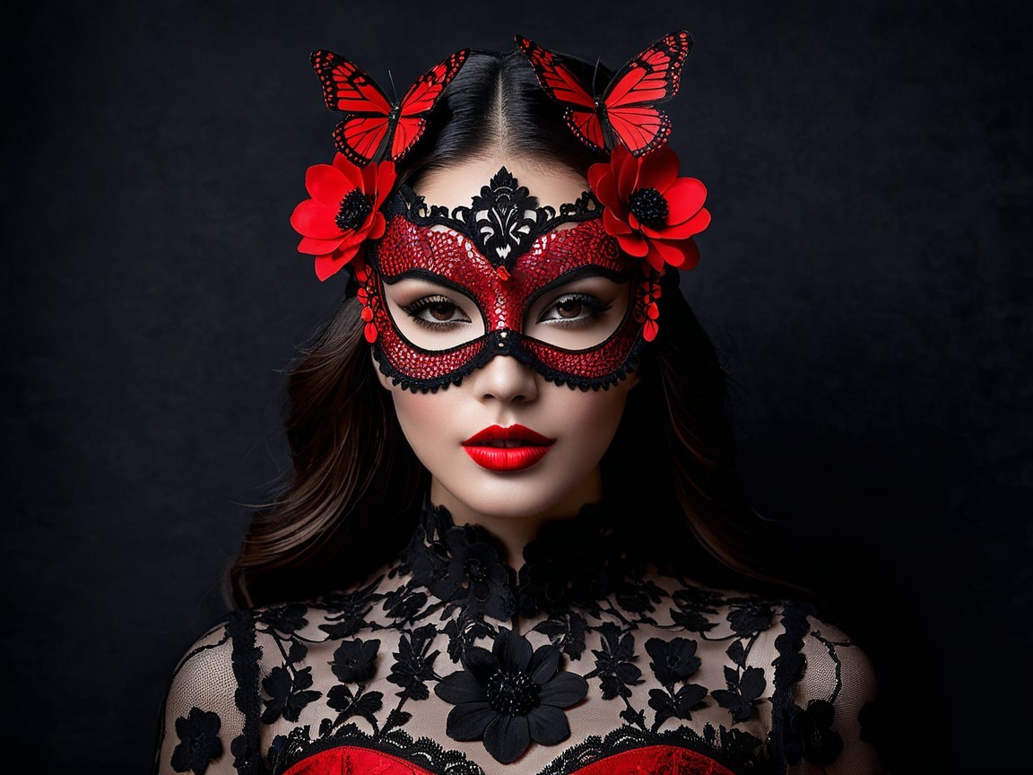Woman in Black Mask and Red Dress with Floral Accents