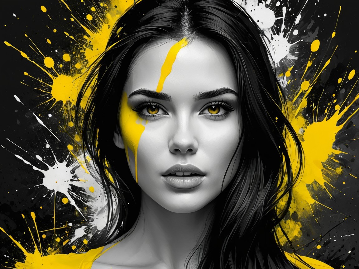Black-and-White Portrait with Yellow Paint Accents