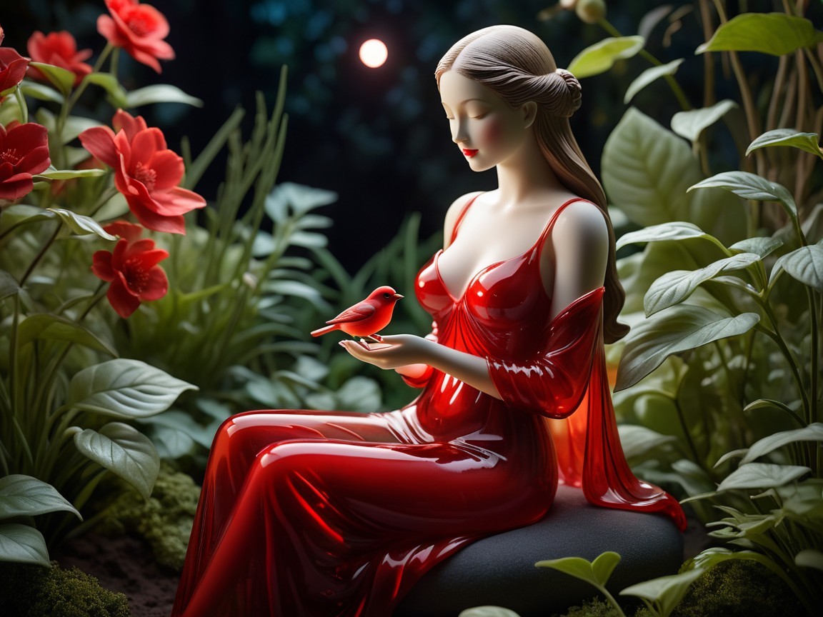 Figurine of Woman in Red Gown with Bird Outdoors