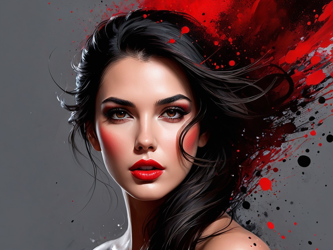 Portrait of a Woman with Black Hair and Red Accents