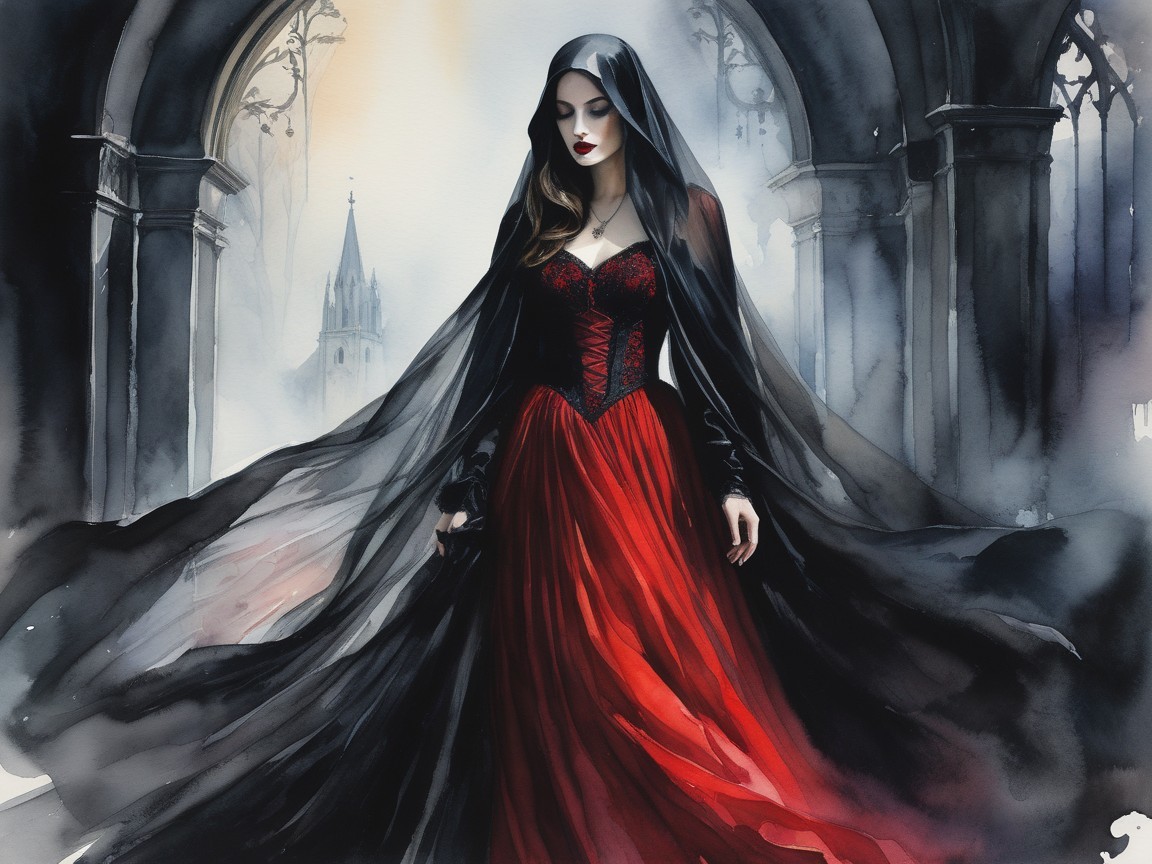 Watercolor of Woman in Gothic Setting with Castle Tower