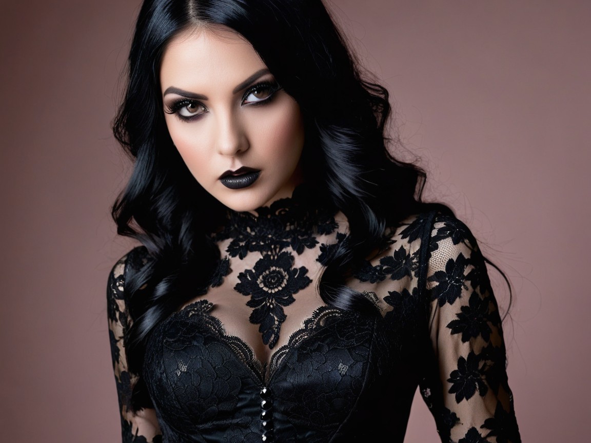 Young woman with pale skin and dark hair in lace top