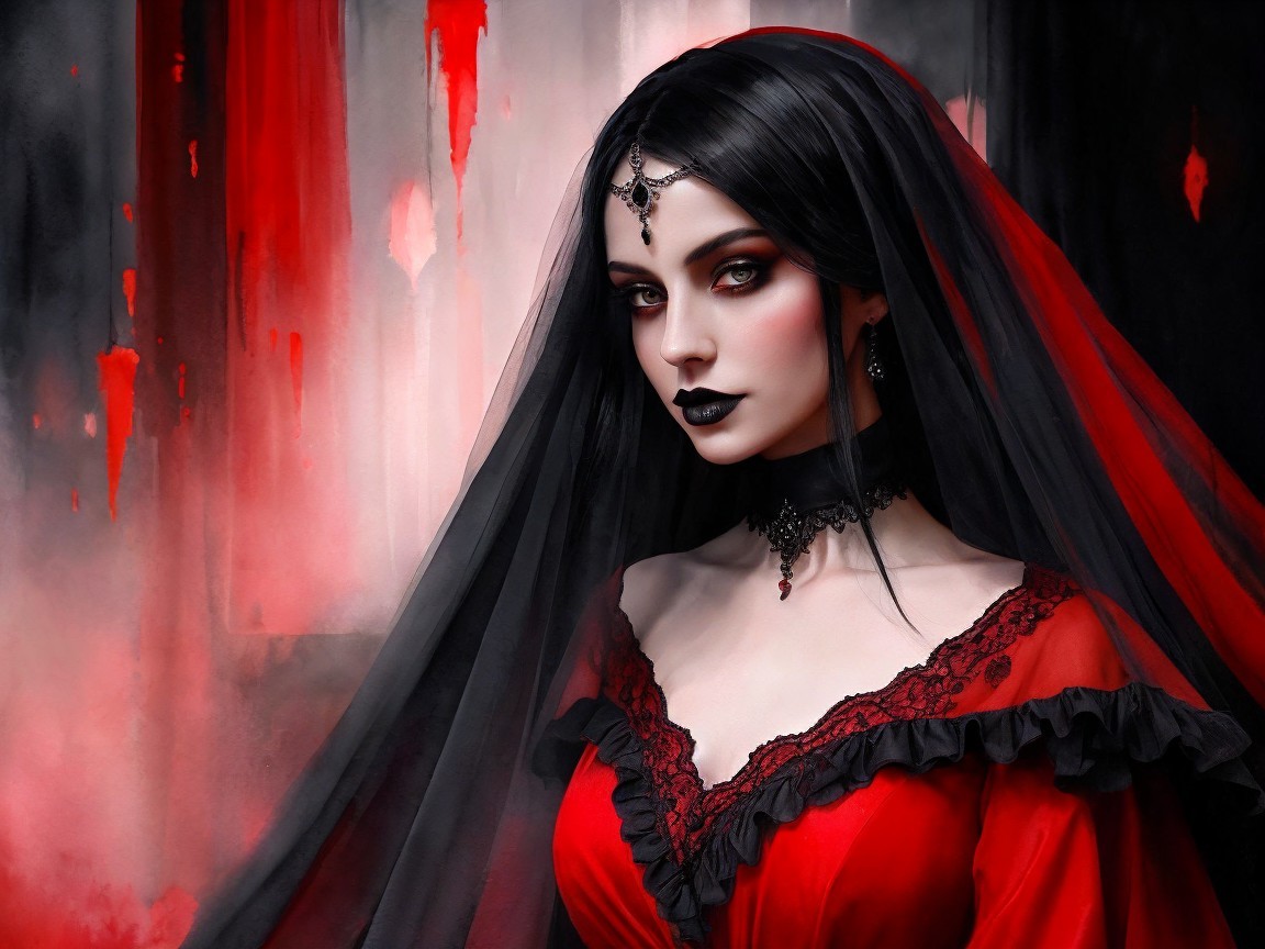 Gothic Portrait of Woman in Red Dress and Veil