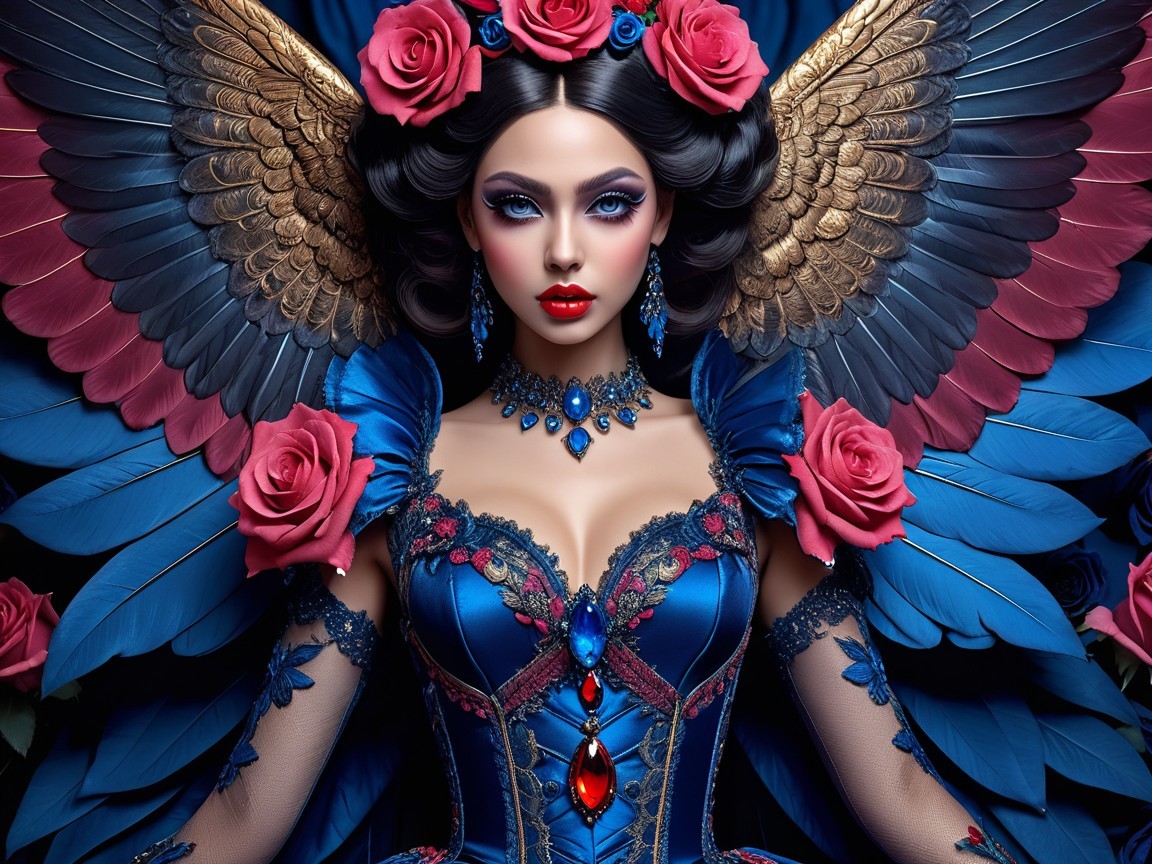 Vibrant Blue and Gold Gown with Elaborate Wings