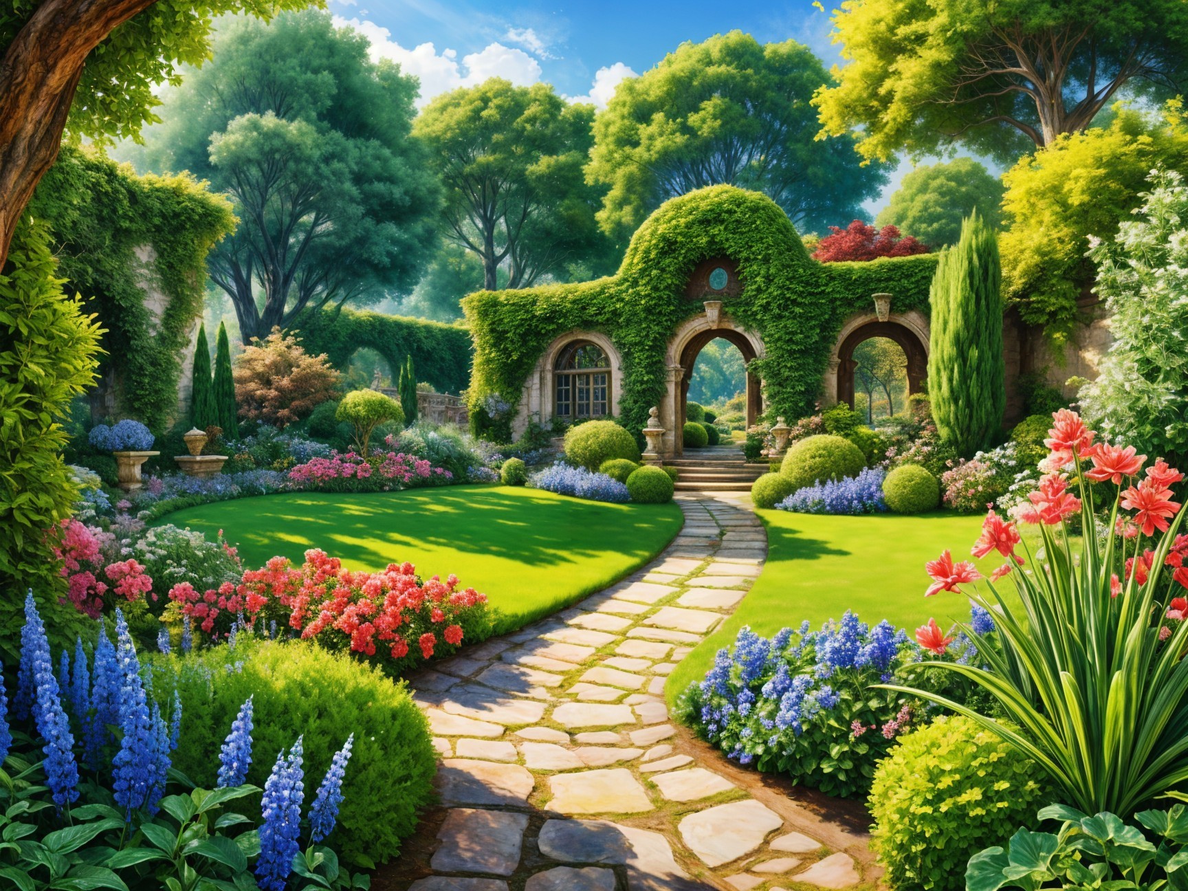 Picturesque Garden with Lush Greenery and Flower Beds