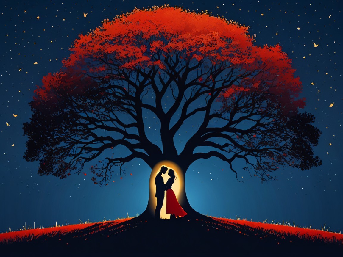 Romantic Silhouette of Couple Under Vibrant Tree