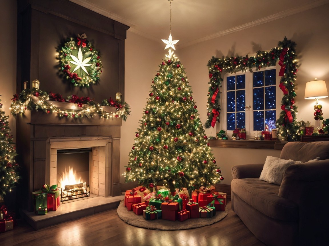 Cozy Christmas Living Room with Decorated Tree and Gifts