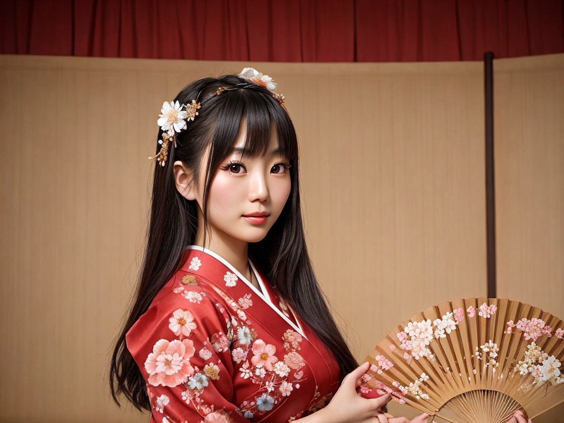 Young Woman in Traditional Japanese Kimono Portrait